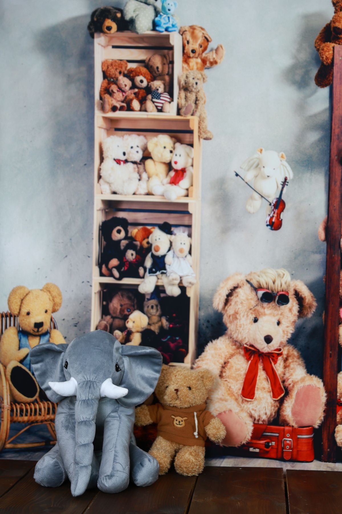 A colorful display of plush toys and teddy bears